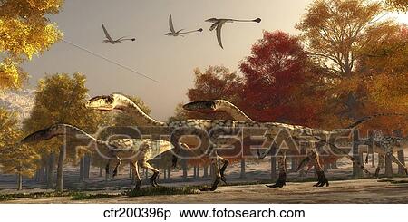 Stock Illustration - Three Eudimorphodons fly above a group of Coelophysis in an autumn forest.. Fotosearch