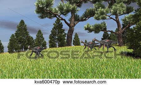 Stock Illustration - Three Gigantoraptors running across a grassy field.. Fotosearch