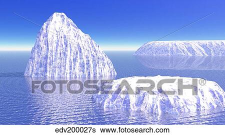 Stock Illustration - Three icebergs in ocean by daylight.. Fotosearch