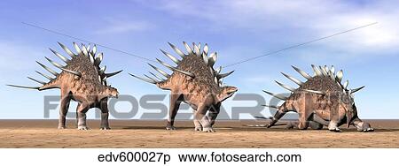 Stock Illustration - Three Kentrosaurus dinosaurs standing in the desert.. Fotosearch