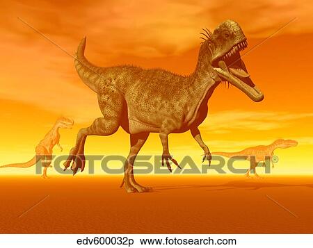 Stock Illustration - Three Monolophosaurus dinosaurs in the desert by sunset.. Fotosearch