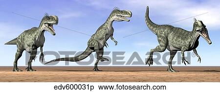 Stock Illustration - Three Monolophosaurus dinosaurs standing in the desert.. Fotosearch