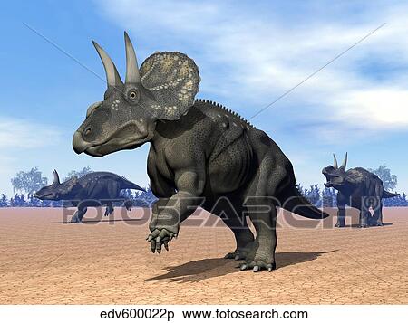 Stock Illustration - Three Nedoceratops in the desert by daylight.. Fotosearch