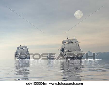 Three old ships sailing in the ocean under a full moon. View Large Illustration Stock Illustration - Three old ships sailing in the ocean under a full moon.. Fotosearch