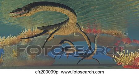 Stock Illustration - Three Plesiosaurus dinosaurs swim near a natural coral reef bridge.. Fotosearch