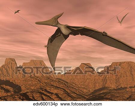 Stock Illustration - Three pteranodon dinosaurs flying above rocky landscape.. Fotosearch