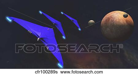 Stock Illustration - Three spaceships from Earth travel to a planet near the Crab Nebula.. Fotosearch