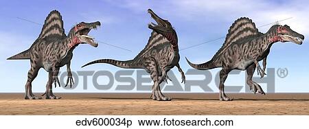 Three Spinosaurus dinosaurs standing in the desert. View Large Illustration Stock Illustration - Three Spinosaurus dinosaurs standing in the desert.. Fotosearch