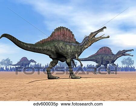 Stock Illustration - Three Spinosaurus dinosaurs walking in the desert.. Fotosearch