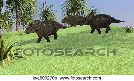 Stock Illustration - Three Triceratops walking across an open field.. Fotosearch