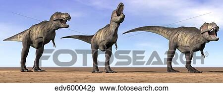 Three Tyrannosaurus Rex dinosaurs standing in the desert. View Large Illustration Stock Illustration - Three Tyrannosaurus Rex dinosaurs standing in the desert.. Fotosearch