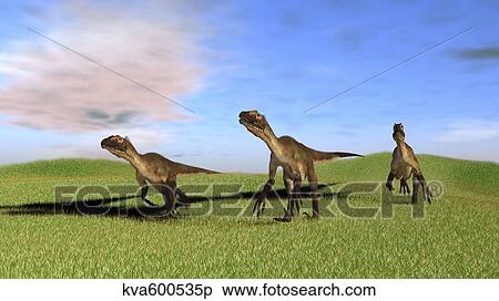 Three Utahraptors running across a grassy field. View Large Illustration Stock Illustration - Three Utahraptors running across a grassy field.. Fotosearch
