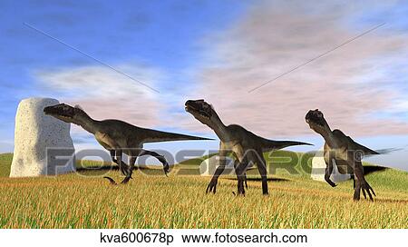Three Utahraptors running across a grassy field. View Large Illustration Stock Illustration - Three Utahraptors running across a grassy field.. Fotosearch