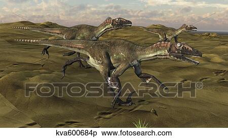 Three Utahraptors running across a desert landscape. View Large Illustration Stock Illustration - Three Utahraptors running across a desert landscape.. Fotosearch