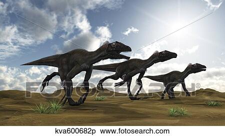 Stock Illustration - Three Utahraptors running across desert terrain.. Fotosearch