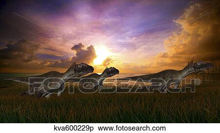 Stock Illustration - Three Utahraptors running across prehistoric grasslands at sunset.. Fotosearch