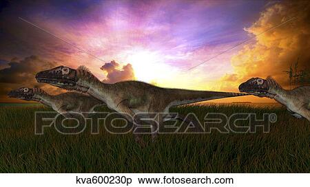 Stock Illustration - Three Utahraptors running across prehistoric grasslands at sunset.. Fotosearch