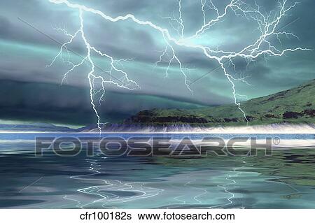 Thunderclouds and lightning move over the mountains and a nearby lake. View Large Illustration Stock Illustration - Thunderclouds and lightning move over the mountains and a nearby lake.. Fotosearch