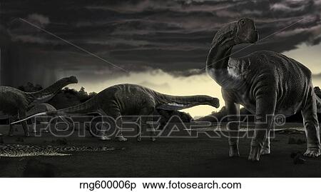 Titanosaurs in the first storm of the year. View Large Illustration Stock Illustration - Titanosaurs in the first storm of the year.. Fotosearch