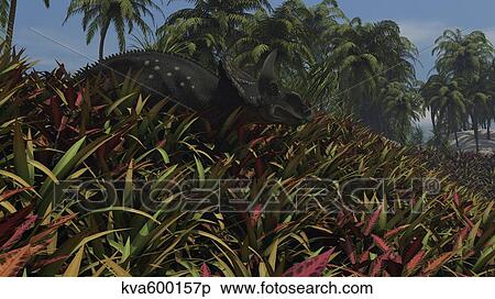 Stock Illustration - Triceratops grazing on lush foliage.. Fotosearch