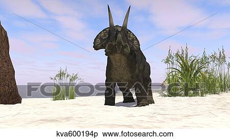 Triceratops on a beach. View Large Illustration Stock Illustration - Triceratops on a beach.. Fotosearch