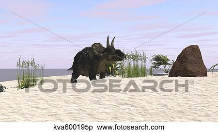 Triceratops on a beach. View Large Illustration Stock Illustration - Triceratops on a beach.. Fotosearch