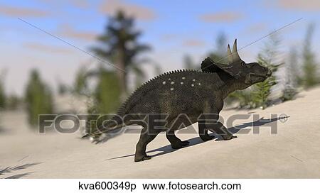 Triceratops roaming a prehistoric landscape. View Large Illustration Stock Illustration - Triceratops roaming a prehistoric landscape.. Fotosearch