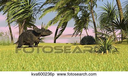 Triceratops roaming a tropical environment. View Large Illustration Stock Illustration - Triceratops roaming a tropical environment.. Fotosearch