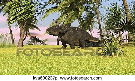 Stock Illustration - Triceratops roaming a tropical environment.. Fotosearch