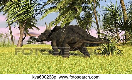Stock Illustration - Triceratops roaming a tropical environment.. Fotosearch
