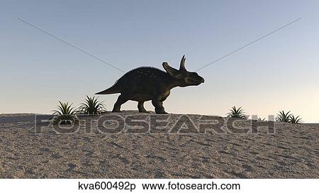 Triceratops walking across a barren landscape. View Large Illustration Stock Illustration - Triceratops walking across a barren landscape.. Fotosearch
