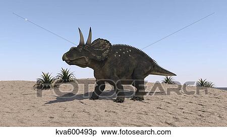Triceratops walking across a barren landscape. View Large Illustration Stock Illustration - Triceratops walking across a barren landscape.. Fotosearch