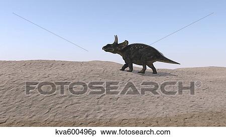 Triceratops walking across a barren landscape. View Large Illustration Stock Illustration - Triceratops walking across a barren landscape.. Fotosearch