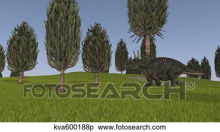 Stock Illustration - Triceratops walking across a grassy field.. Fotosearch