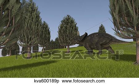 Triceratops walking across a grassy field. View Large Illustration Stock Illustration - Triceratops walking across a grassy field.. Fotosearch