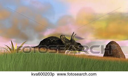 Stock Illustration - Triceratops walking across a grassy field.. Fotosearch