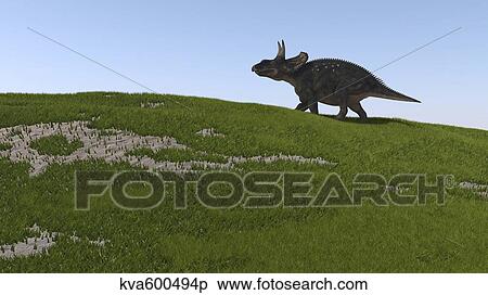 Stock Illustration - Triceratops walking across a grassy field.. Fotosearch