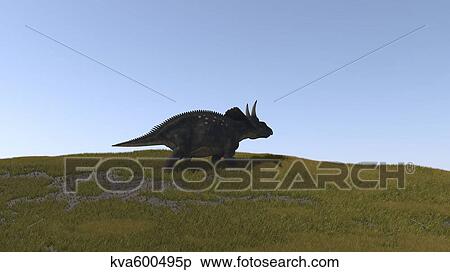 Stock Illustration - Triceratops walking across a grassy field.. Fotosearch