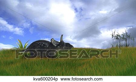Stock Illustration - Triceratops walking across prehistoric grasslands.. Fotosearch