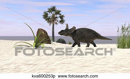 Triceratops walking along a prehistoric beach landscape. View Large Illustration Stock Illustration - Triceratops walking along a prehistoric beach landscape.. Fotosearch