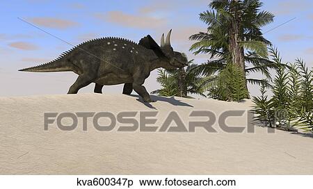 Stock Illustration - Triceratops walking along a prehistoric landscape.. Fotosearch