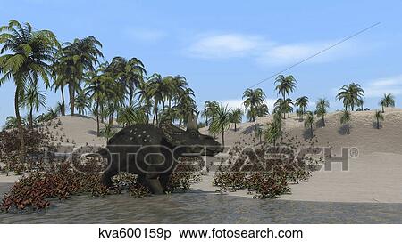 Stock Illustration - Triceratops walking along the shoreline.. Fotosearch