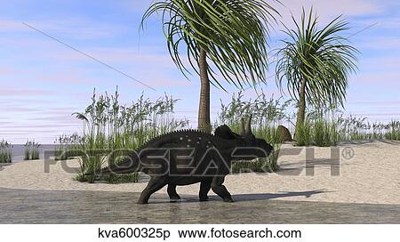 Stock Illustration - Triceratops walking along the shoreline.. Fotosearch