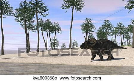 Stock Illustration - Triceratops walking along the shoreline.. Fotosearch