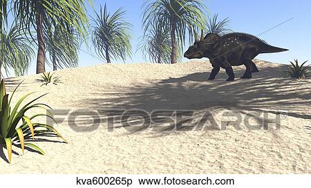 Stock Illustration - Triceratops walking in a tropical environment.. Fotosearch