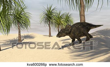 Stock Illustration - Triceratops walking in a tropical environment.. Fotosearch
