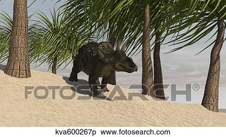 Stock Illustration - Triceratops walking in a tropical environment.. Fotosearch