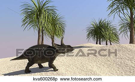 Triceratops walking in a tropical environment. View Large Illustration Stock Illustration - Triceratops walking in a tropical environment.. Fotosearch
