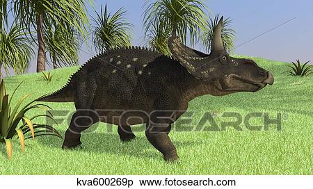 Triceratops walking in open field. View Large Illustration Stock Illustration - Triceratops walking in open field.. Fotosearch