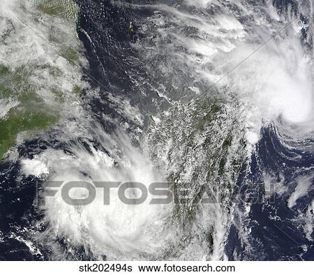 Stock Photograph - Tropical Cyclones Eric and Fanele approaching Madagascar.. Fotosearch